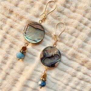 Gold Drop Earrings with Iridescent Abalone and Blue Bead